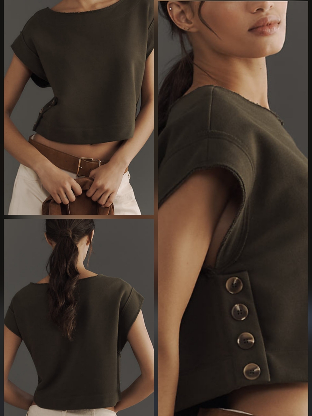 Anthropologie Brown Cropped Raw Hems Tank with Side Button Detail
